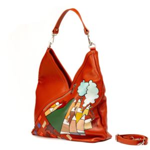 Borsa A Spalla Artigianale in Vera Pelle Mattone Dipinta a Mano - Agata Serie "Paesaggi" - Made in Italy