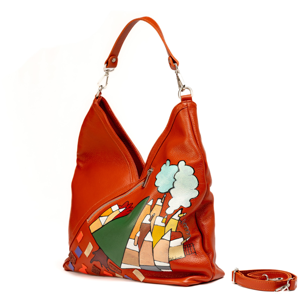 Borsa A Spalla Artigianale in Vera Pelle Mattone Dipinta a Mano - Agata Serie "Paesaggi" - Made in Italy