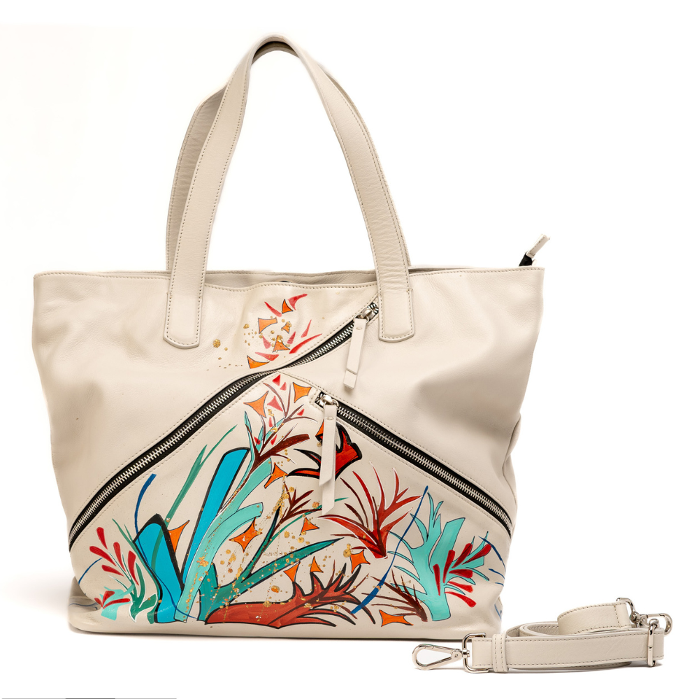 Shopping Bag Artigianale in Vera Pelle Ghiaccio Dipinta a Mano Sera Serie Love for Nature Made in Italy Eva Zuccolo
