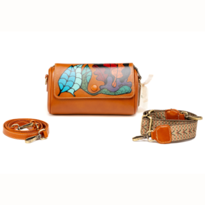 Borsa a Tracolla, in Vera Pelle, Colore Tabacco, Dipinta a Mano, Made in Italy, "ROSMELLA"