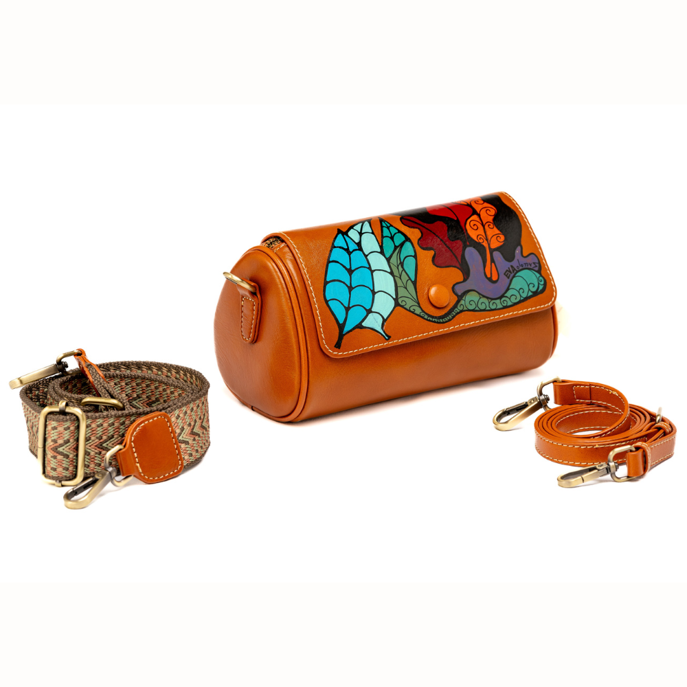Borsa a Tracolla, in Vera Pelle, Colore Tabacco, Dipinta a Mano, Made in Italy, "ROSMELLA"