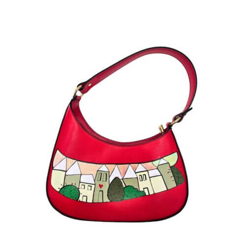 Borsa a Spalla, in pelle Rossa, Dipinta a Mano, Made in Italy, "Ipazia"
