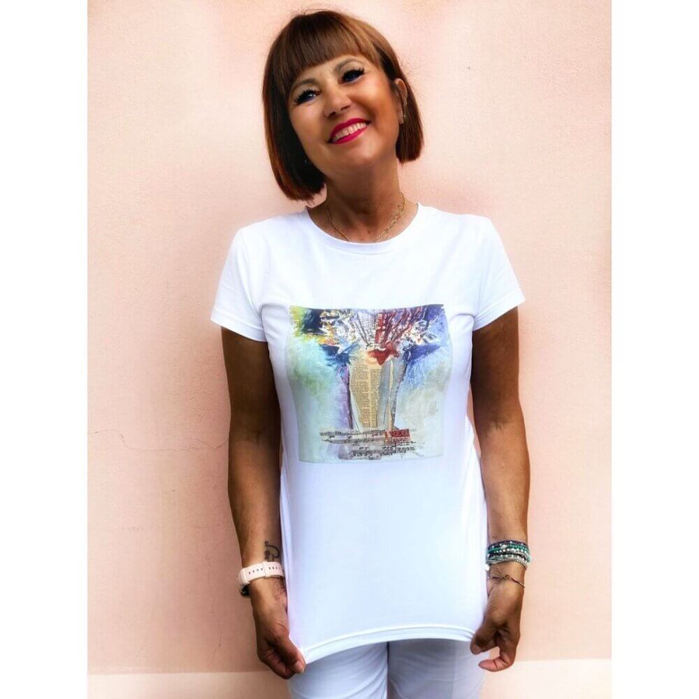 t-shirt bianca in cotone "un quadro sulla t-shirt"- Armonia