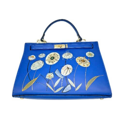 Borsa a Mano Artigianale in Vera Pelle Blu Dipinta a Mano - Min, Serie "Love For Nature" - Made in Italy