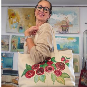 Borsa A Spalla, in Pelle, Colore Avorio, Dipinta a Mano, Made in Italy,"ALBERTINE"