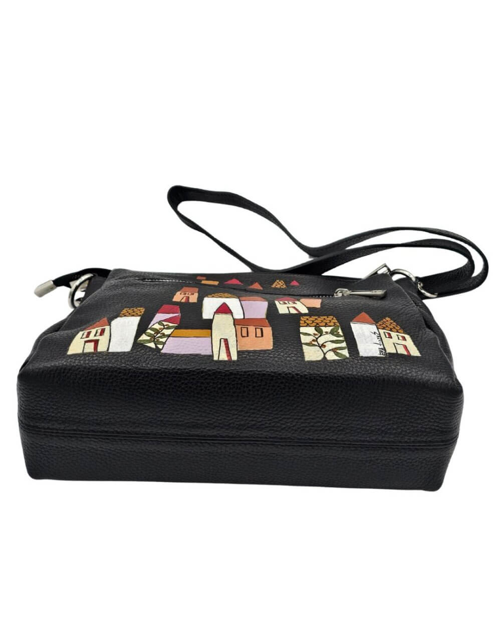 21 Borsa a Tracolla in Pelle, Nera, Dipinta a Mano, Made in Italy, "ANDRIA"