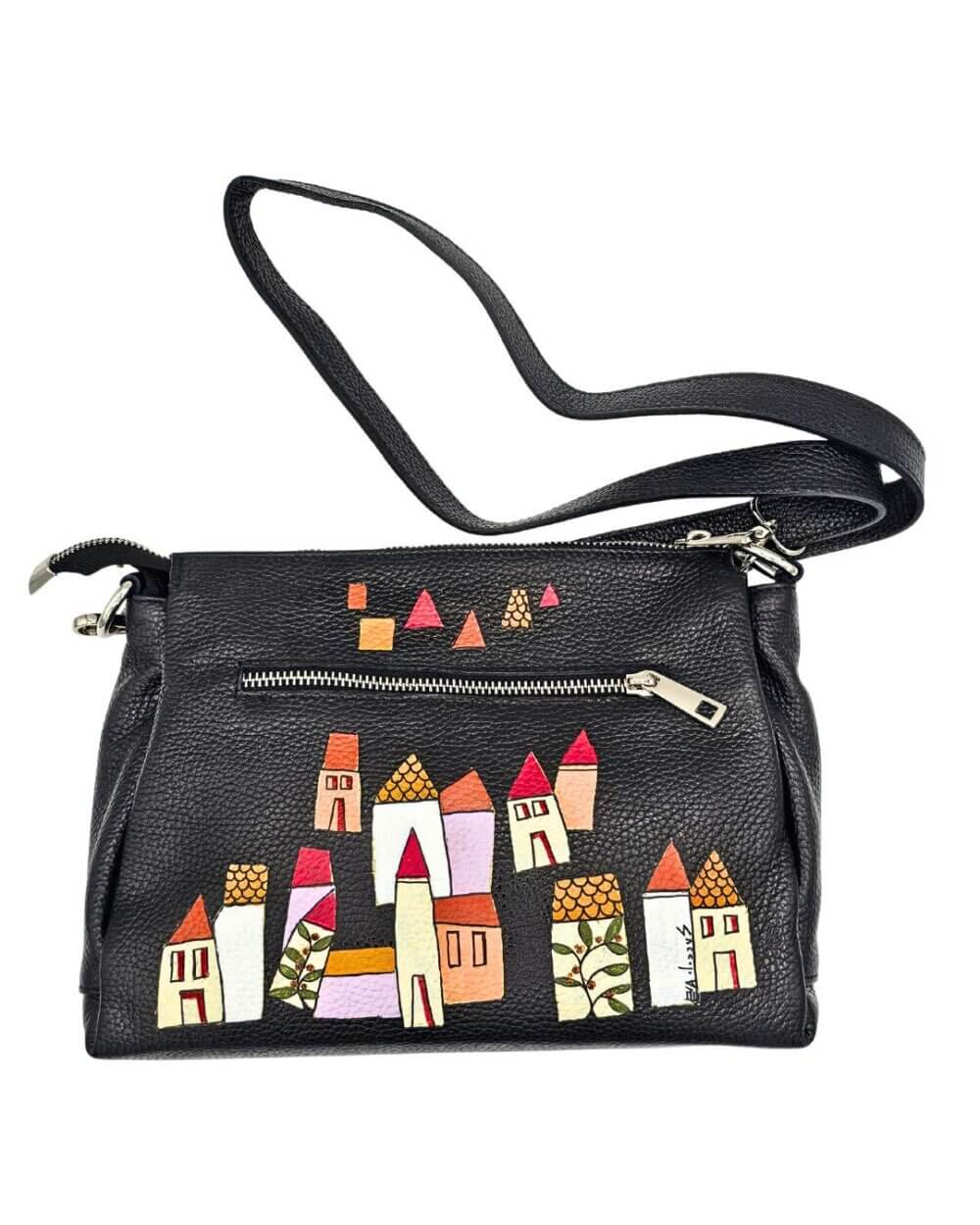 22 Borsa a Tracolla in Pelle, Nera, Dipinta a Mano, Made in Italy, "ANDRIA"