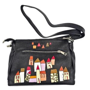 22 Borsa a Tracolla in Pelle, Nera, Dipinta a Mano, Made in Italy, "ANDRIA"