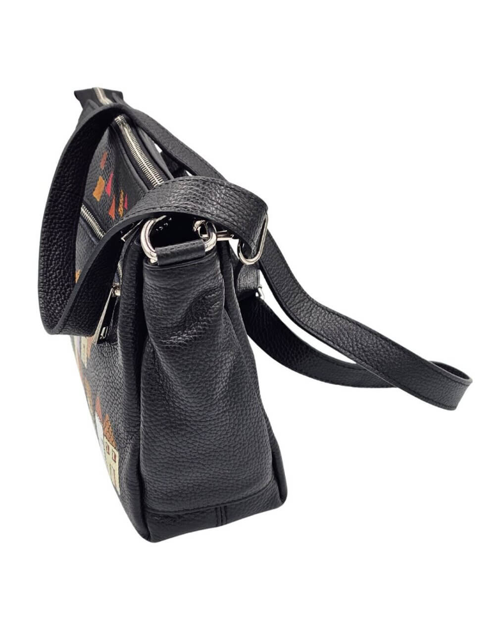 23 Borsa a Tracolla in Pelle, Nera, Dipinta a Mano, Made in Italy, "ANDRIA"