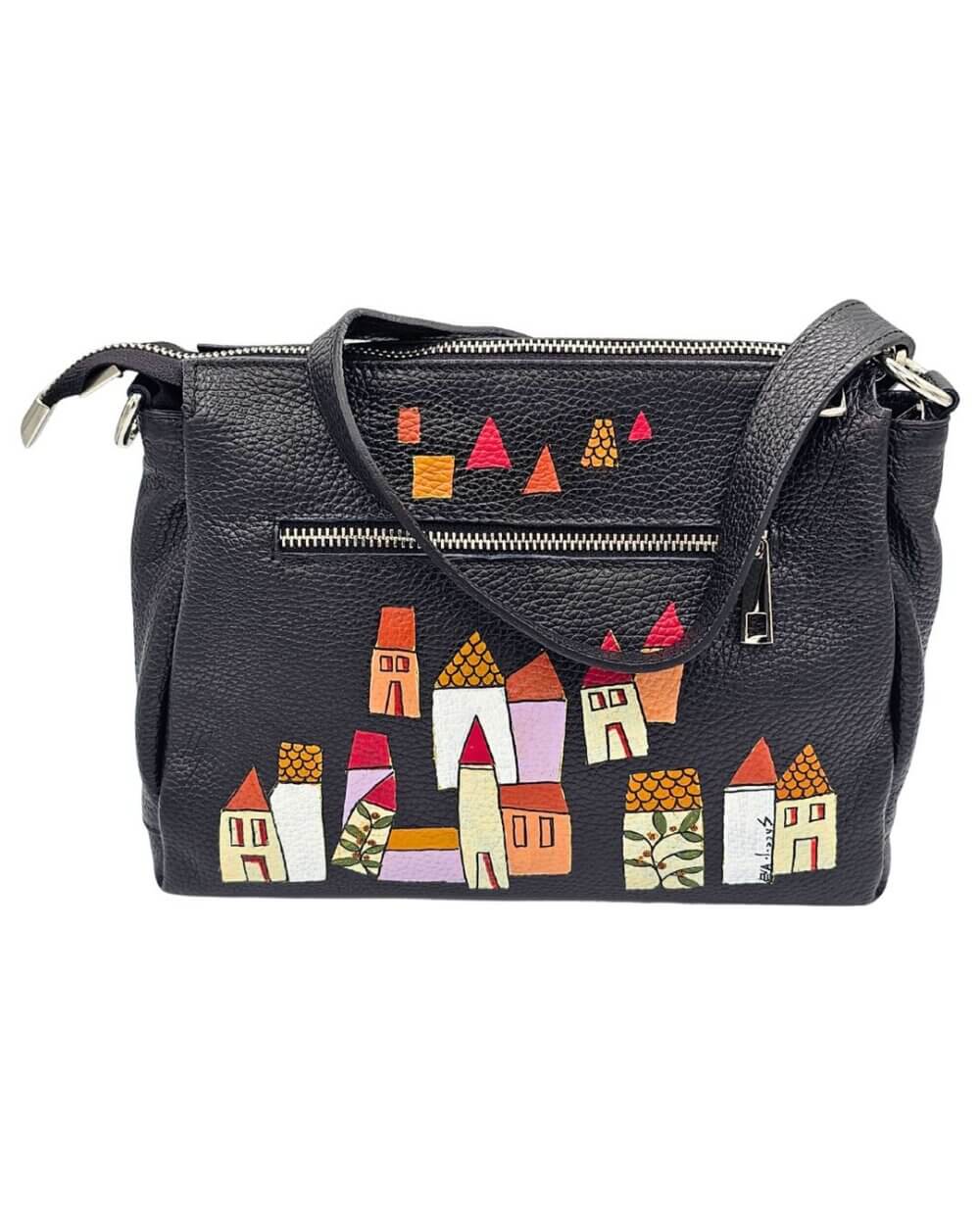 24 Borsa a Tracolla in Pelle, Nera, Dipinta a Mano, Made in Italy, "ANDRIA"