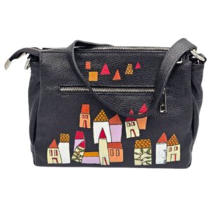 24 Borsa a Tracolla in Pelle, Nera, Dipinta a Mano, Made in Italy, "ANDRIA"