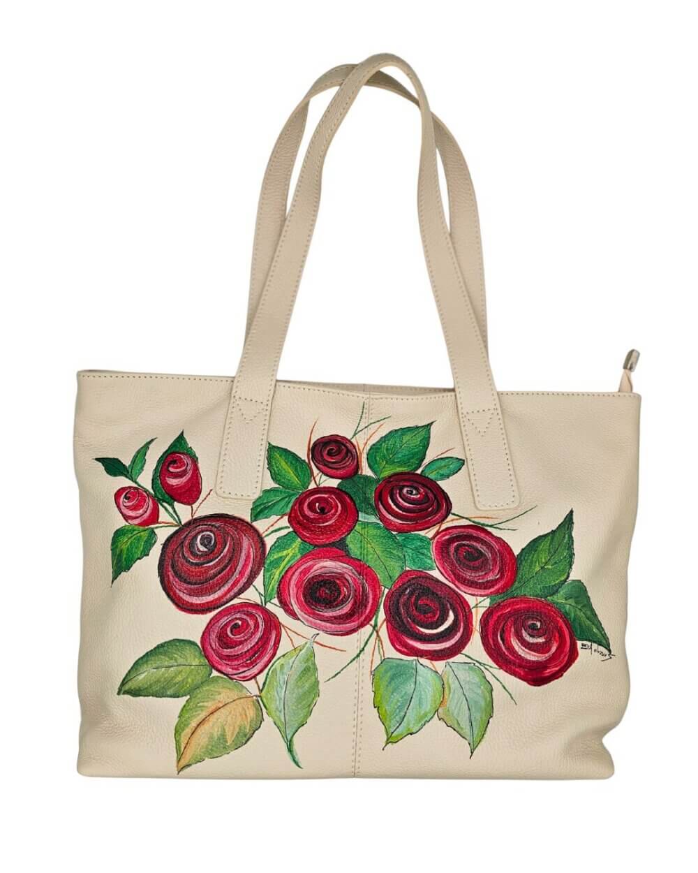 Borsa A Spalla, in Pelle, Colore Avorio, Dipinta a Mano, Made in Italy,"ALBERTINE"