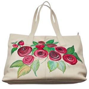 Borsa A Spalla, in Pelle, Colore Avorio, Dipinta a Mano, Made in Italy,"ALBERTINE"