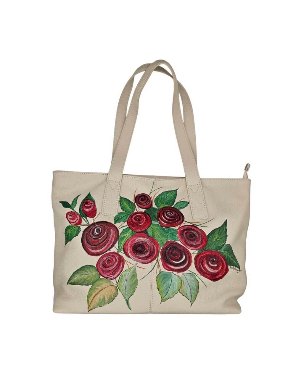 Borsa A Spalla, in Pelle, Colore Avorio, Dipinta a Mano, Made in Italy,"ALBERTINE"