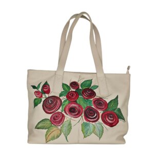 Borsa A Spalla, in Pelle, Colore Avorio, Dipinta a Mano, Made in Italy,"ALBERTINE"