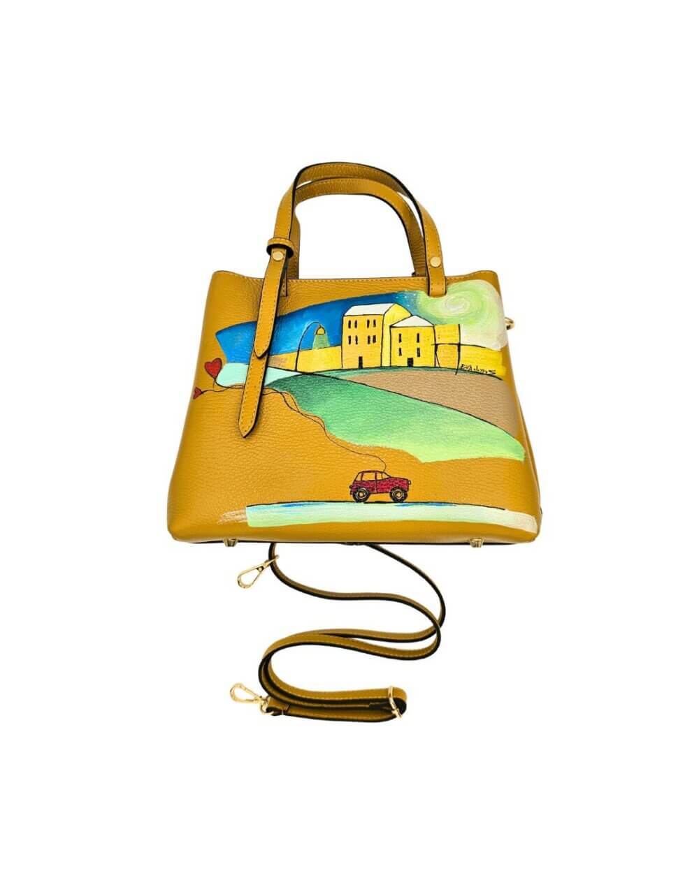 Borsa A Mano, in Vera Pelle, Giallo Ocra, Dipinta a Mano, Made in Italy, “Paesaggio Del Cuore”