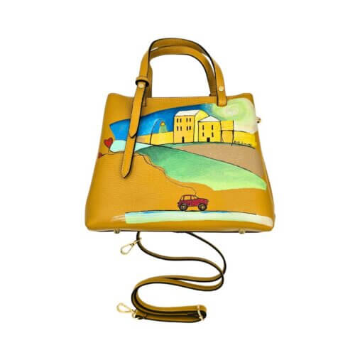 Borsa A Mano, in Vera Pelle, Giallo Ocra, Dipinta a Mano, Made in Italy, “Paesaggio Del Cuore”