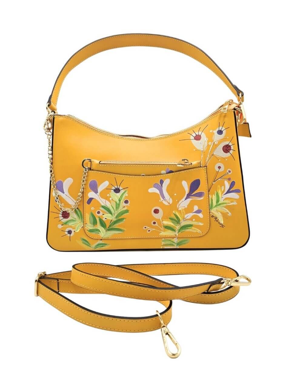 62 Borsa A Spalla, in Vera Pelle, Colore Giallo, Dipinta A Mano, Made in Italy, “Un Giardino”