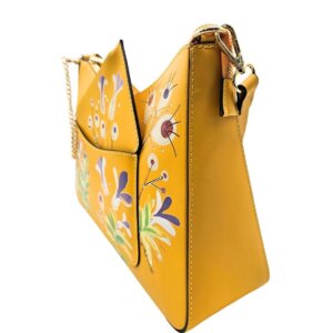 66 Borsa A Spalla, in Vera Pelle, Colore Giallo, Dipinta A Mano, Made in Italy, “Un Giardino”