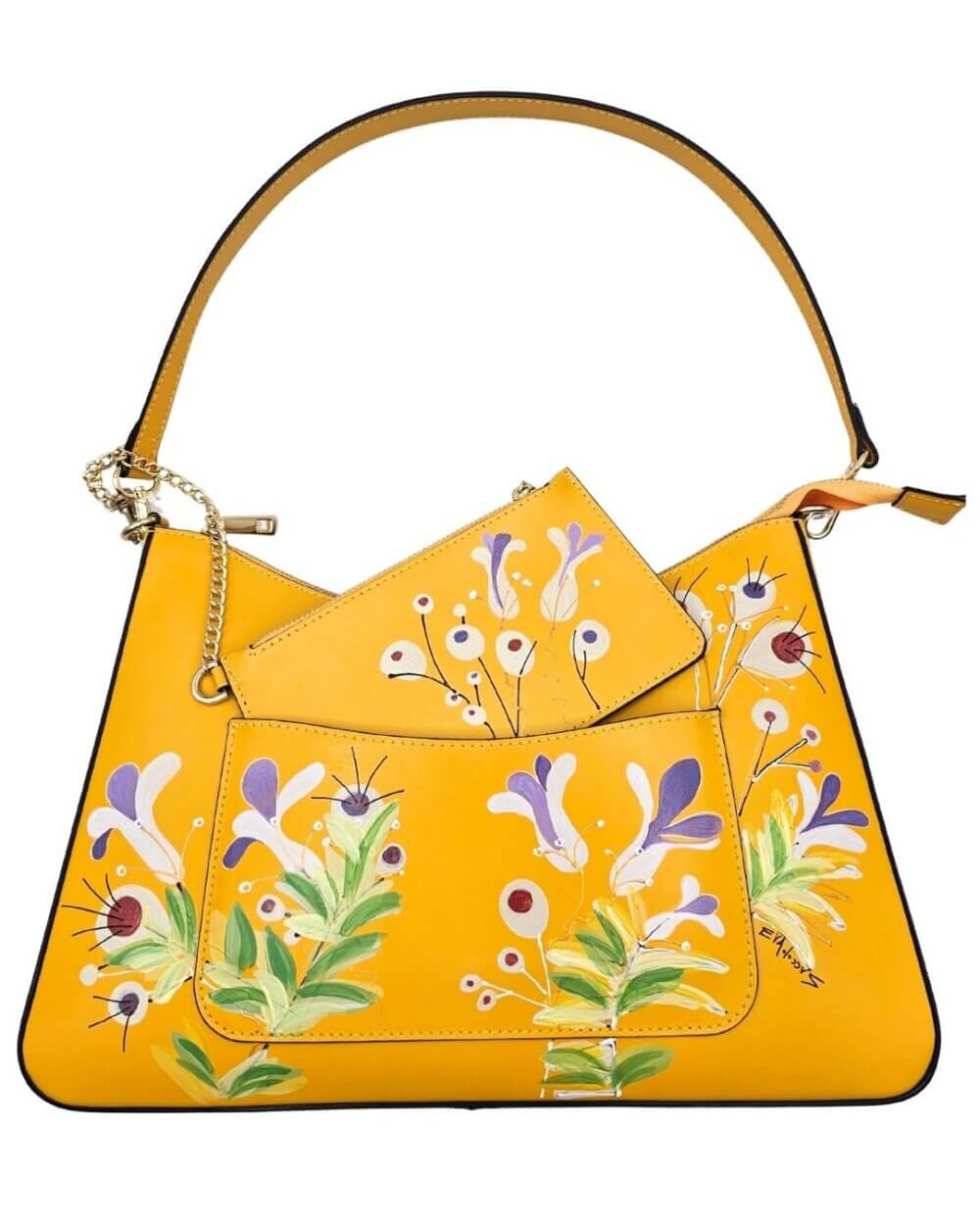 67 Borsa A Spalla, in Vera Pelle, Colore Giallo, Dipinta A Mano, Made in Italy, “Un Giardino”