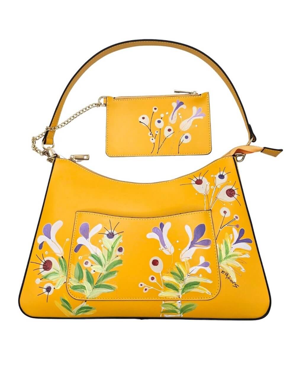 68 Borsa A Spalla, in Vera Pelle, Colore Giallo, Dipinta A Mano, Made in Italy, “Un Giardino”