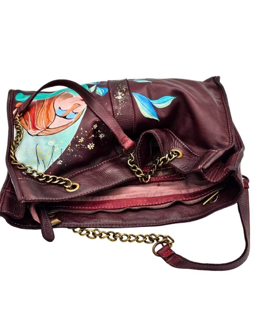 74 Borsa A Spalla, in Pelle Lavata, Colore Prugna, Dipinta a Mano, Made in Italy,”Sogno”