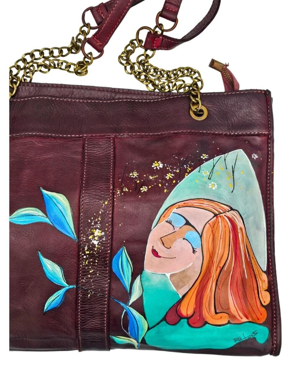 75 Borsa A Spalla, in Pelle Lavata, Colore Prugna, Dipinta a Mano, Made in Italy,”Sogno”