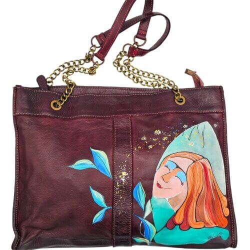 77 Borsa A Spalla, in Pelle Lavata, Colore Prugna, Dipinta a Mano, Made in Italy,”Sogno”