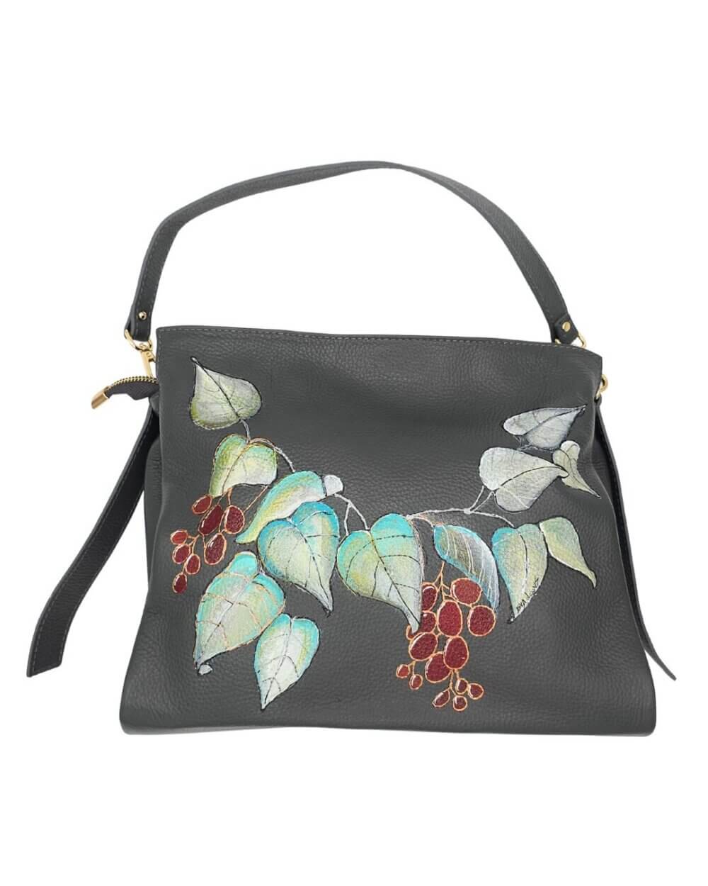 Borsa a Spalla, in Pelle, Colore Grigio, Dipinta a Mano, Made in Italy, "Edera"