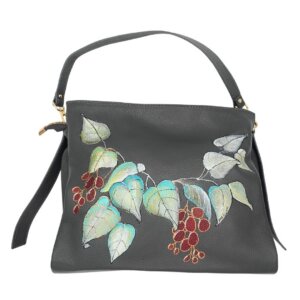 Borsa a Spalla, in Pelle, Colore Grigio, Dipinta a Mano, Made in Italy, "Edera"