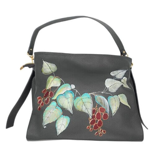 Borsa a Spalla, in Pelle, Colore Grigio, Dipinta a Mano, Made in Italy, "Edera"