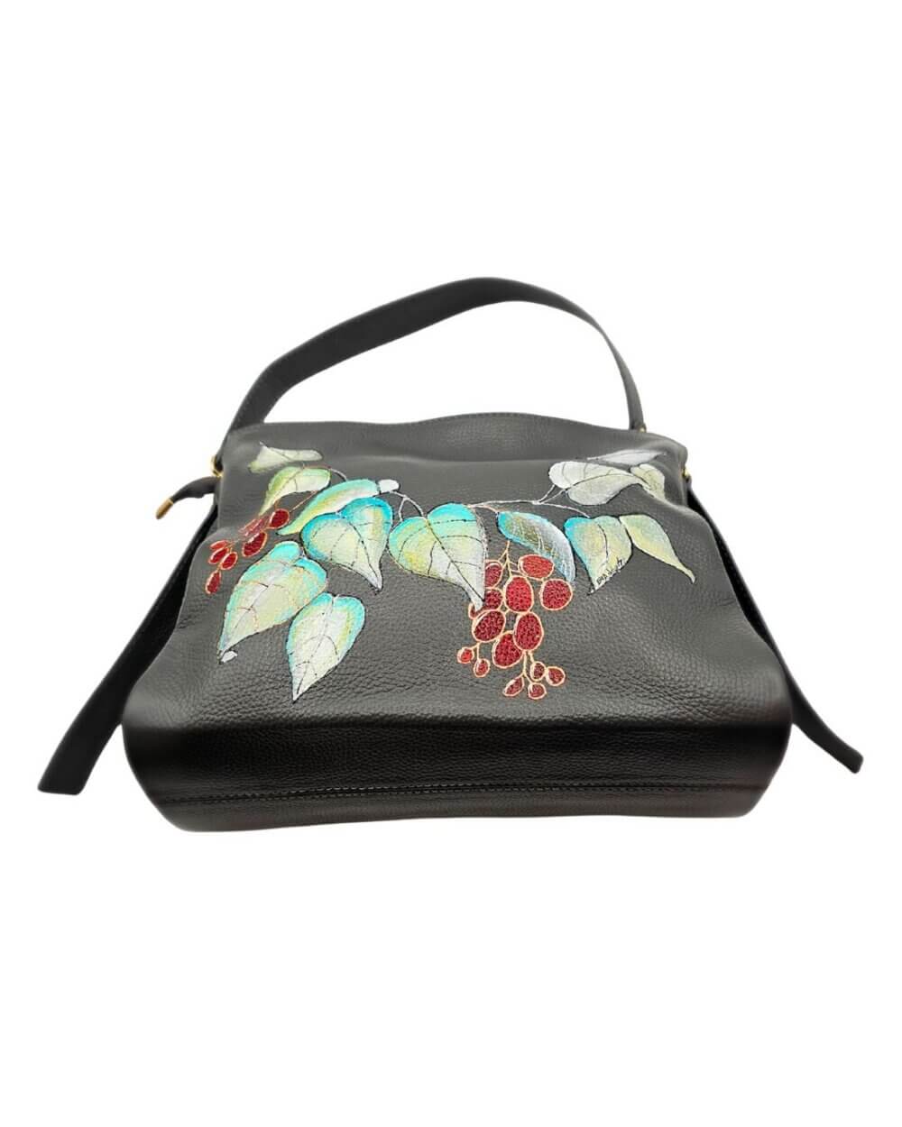 Borsa a Spalla, in Pelle, Colore Grigio, Dipinta a Mano, Made in Italy, "Edera"