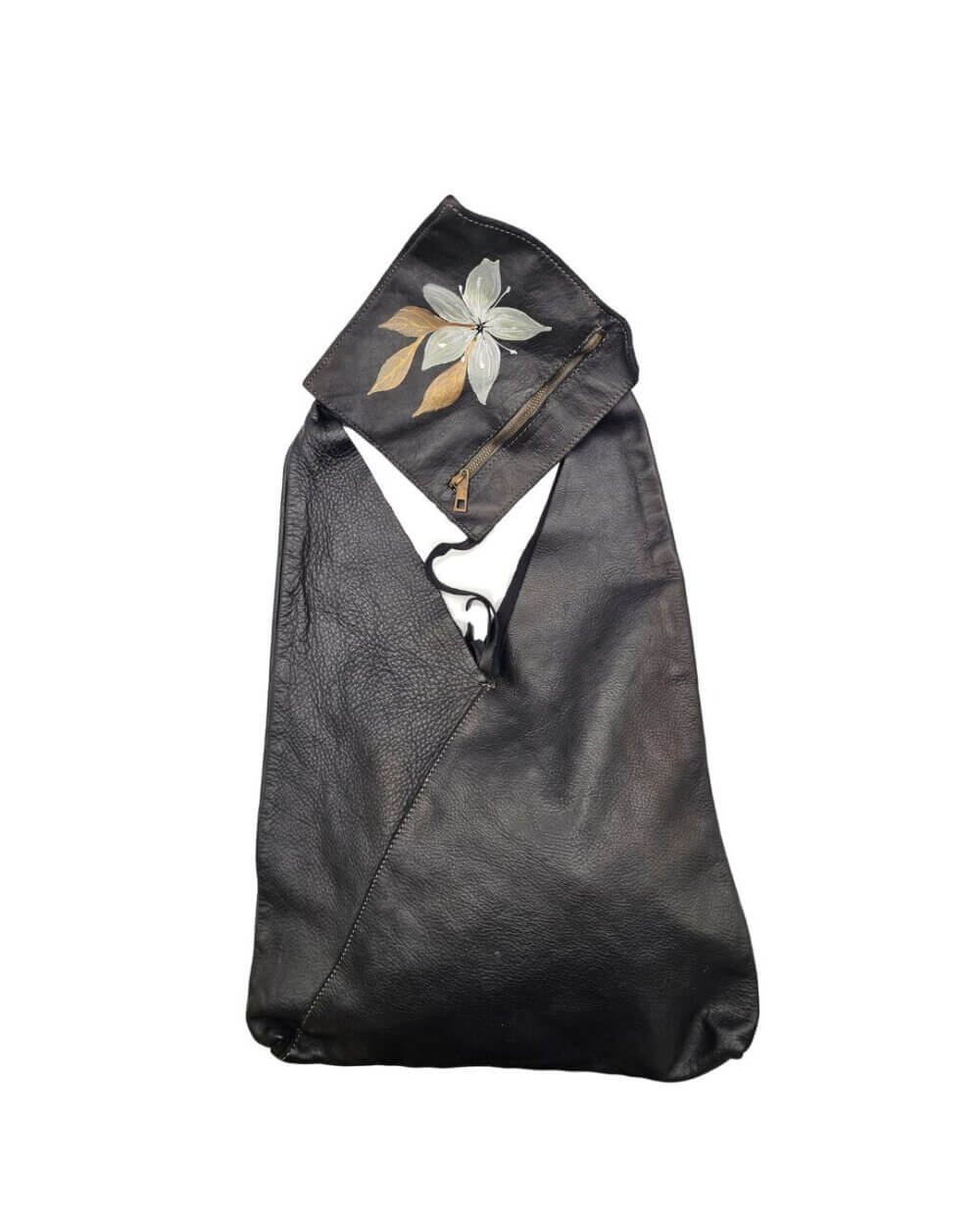 Borsa a Spalla, in Vera Pelle, Nera, Dipinta a Mano, Made in Italy, "Despina"