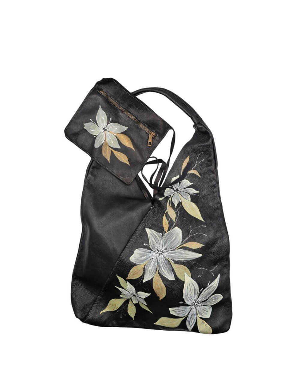 Borsa a Spalla, in Vera Pelle, Nera, Dipinta a Mano, Made in Italy, "Despina"