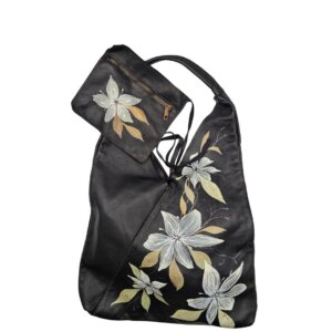 Borsa a Spalla, in Vera Pelle, Nera, Dipinta a Mano, Made in Italy, "Despina"