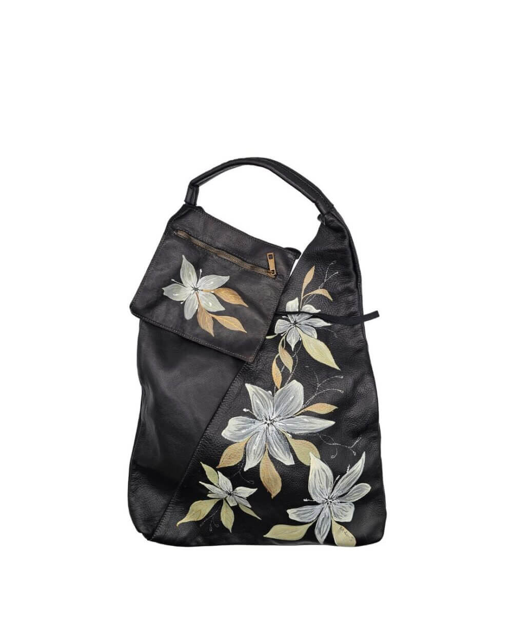 Borsa a Spalla, in Vera Pelle, Nera, Dipinta a Mano, Made in Italy, "Despina"