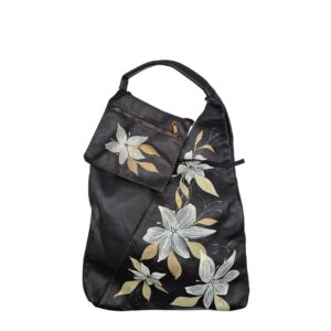 Borsa a Spalla, in Vera Pelle, Nera, Dipinta a Mano, Made in Italy, "Despina"