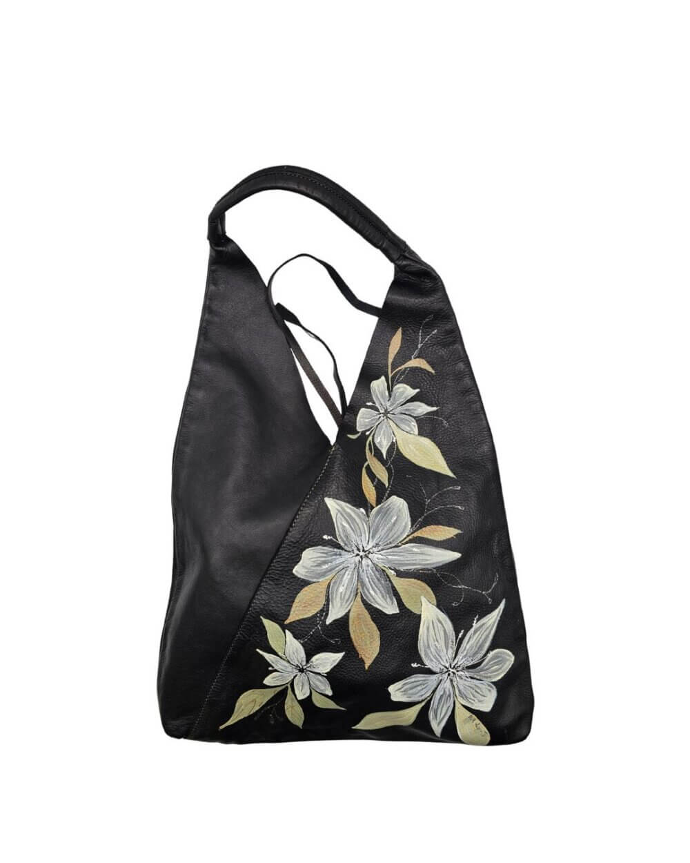 Borsa a Spalla, in Vera Pelle, Nera, Dipinta a Mano, Made in Italy, "Despina"