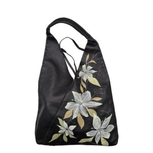 Borsa a Spalla, in Vera Pelle, Nera, Dipinta a Mano, Made in Italy, "Despina"