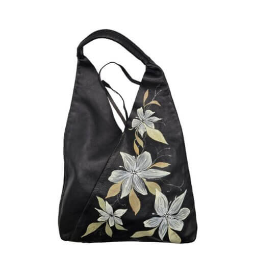 Borsa a Spalla, in Vera Pelle, Nera, Dipinta a Mano, Made in Italy, "Despina"